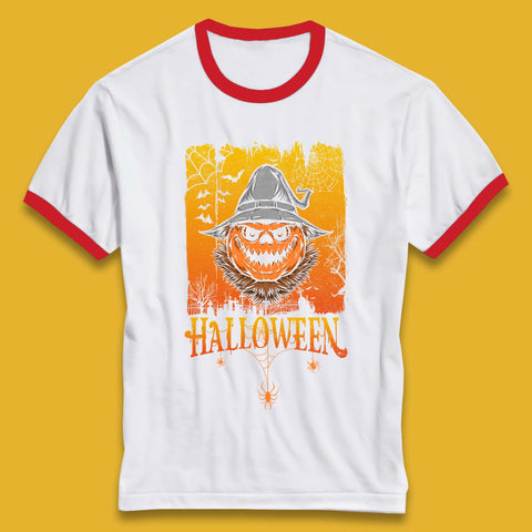 Angry Halloween Scary Evil Pumpkin Funny Pumpkin Head With Fire Eyes Scary Spooky Season Ringer T Shirt