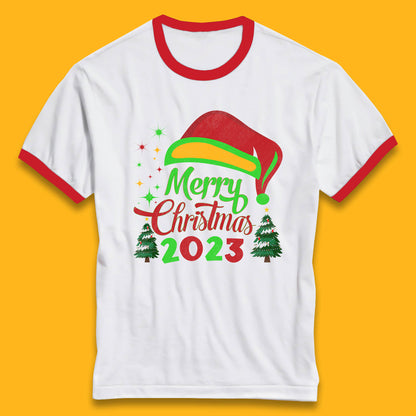 Merry Christmas 2023 Elf Hat Christmas Trees Xmas Gift Ringer T Shirt