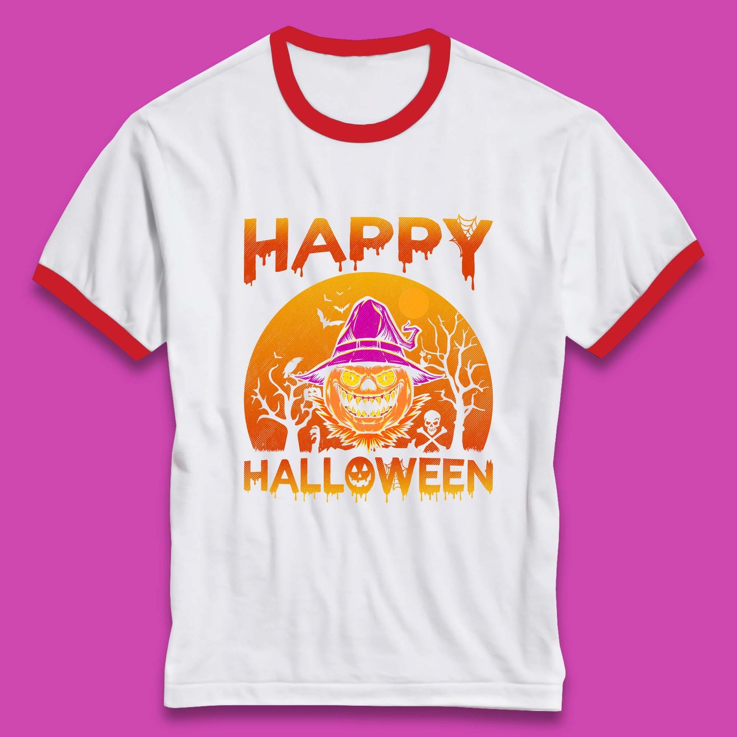 Happy Halloween Monster Pumpkin With Witch Hat Horror Scary Spooky Season Ringer T Shirt