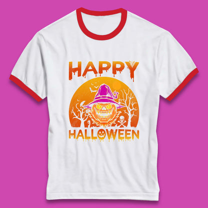 Happy Halloween Monster Pumpkin With Witch Hat Horror Scary Spooky Season Ringer T Shirt