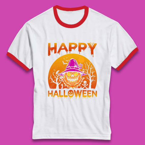 Happy Halloween Monster Pumpkin With Witch Hat Horror Scary Spooky Season Ringer T Shirt