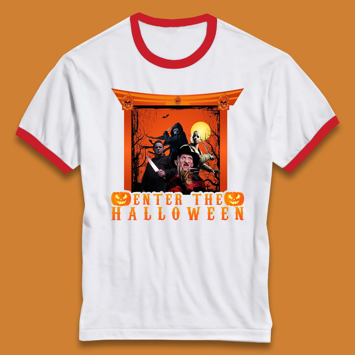 Enter The Halloween Horror Movie Characters Friends Halloween Villians Serial Killers Ringer T Shirt
