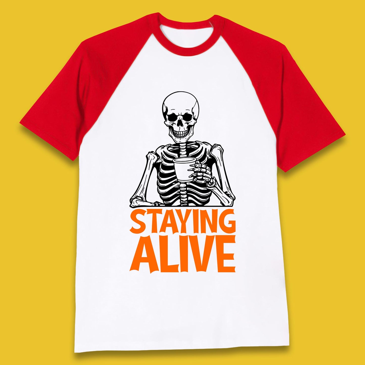 Staying Alive Funny Skeleton Trendy Coffee Halloween Skull Vintage Coffee Lovers Baseball T Shirt