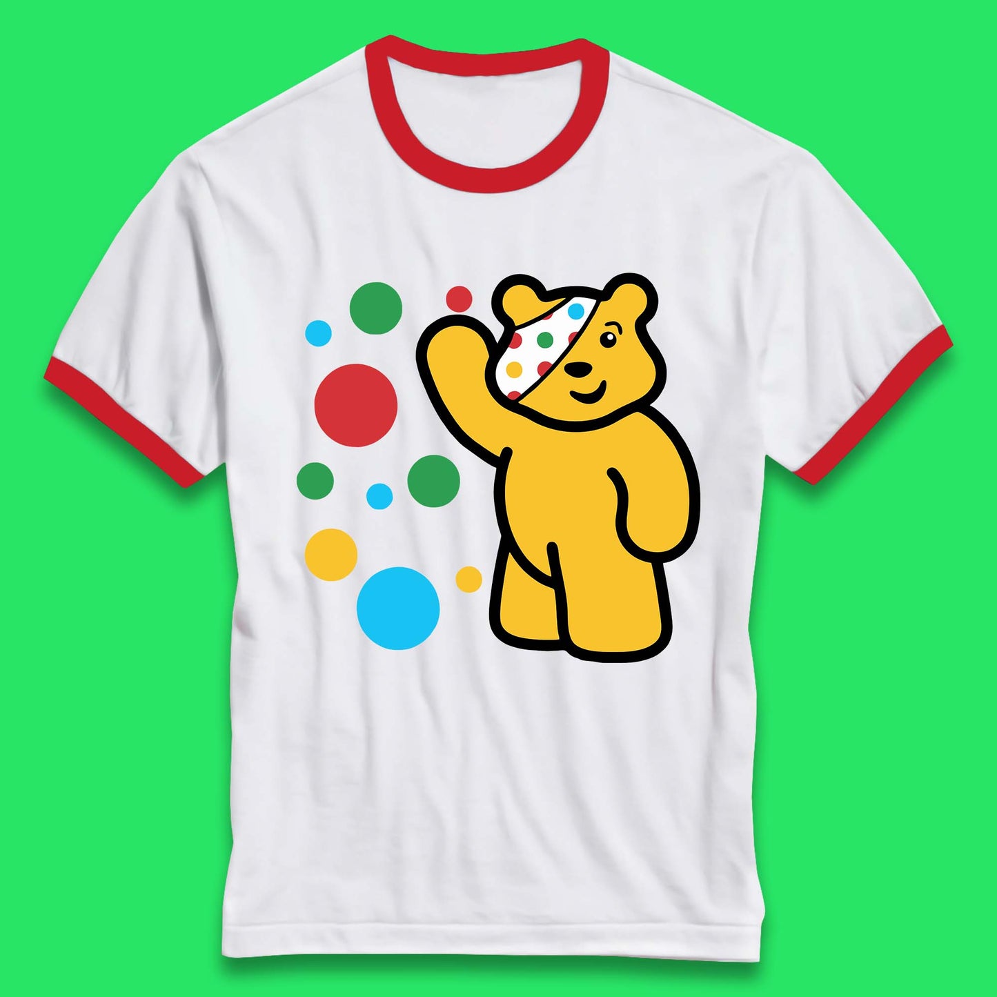 Spotty Pudsey Bear Hand Waving Dotty Spot Fundraising Children In Need Spotty Bear Spotty Day Ringer T Shirt