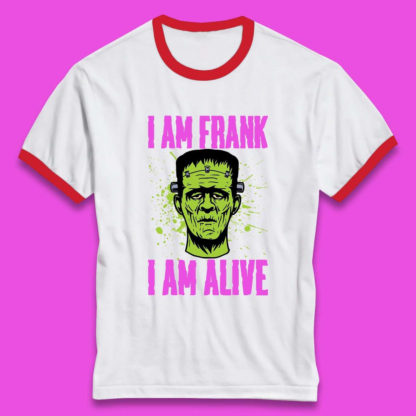 I Am Frank I Am Alive Halloween Green Frankenstein Monster Zombie Horror Face Ringer T Shirt