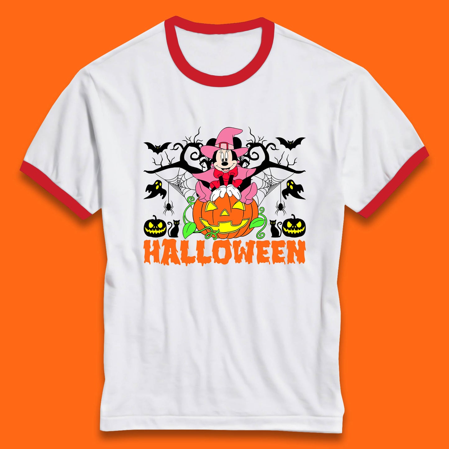 Disney Halloween Witch Minnie Mouse Sitting On Pumpkin Horror Scary Disneyland Trip Costume Ringer T Shirt