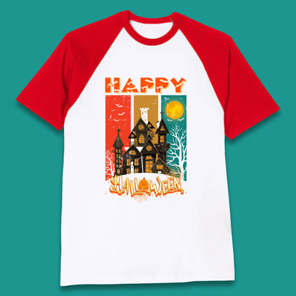 Happy Halloween Vintage Style Horror Scary Haunted House Baseball T Shirt