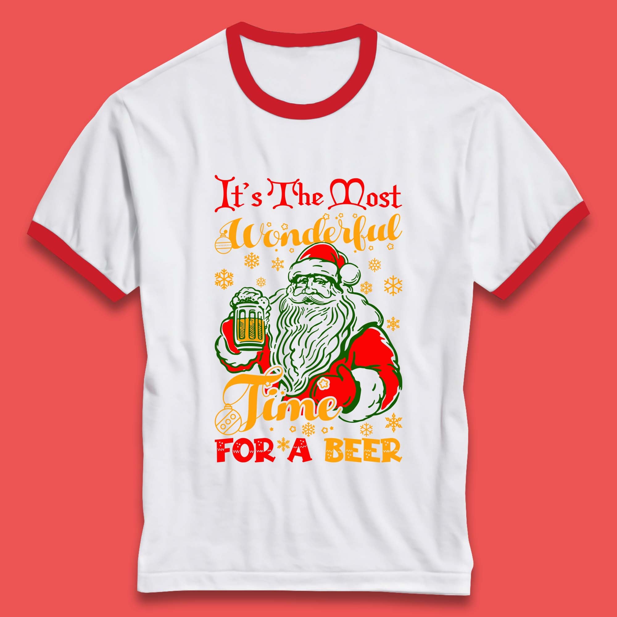 It's The Most Wonderful Time For A Beer Christmas Drinking Party Santa Claus Drink Beer Xmas Ringer T Shirt