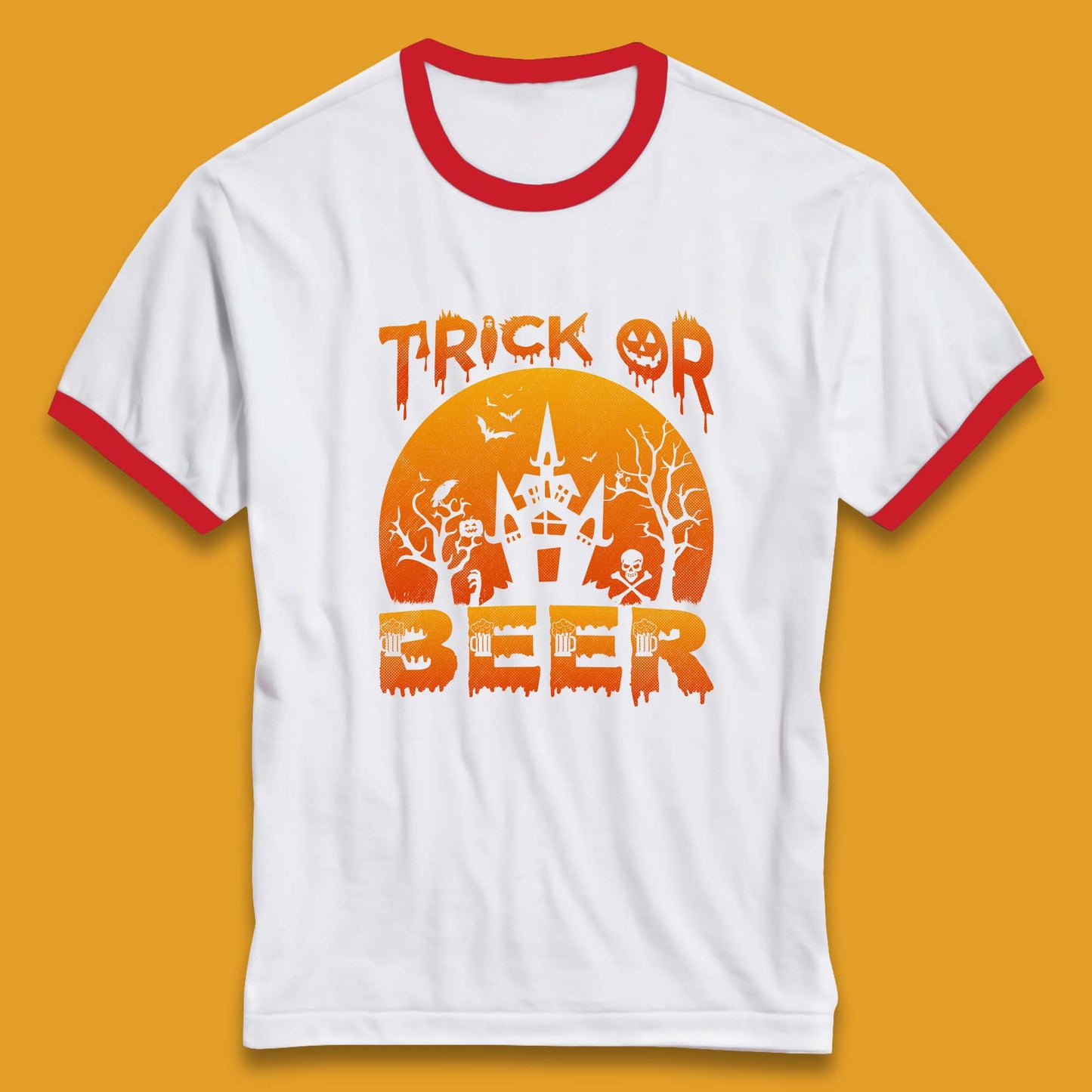 Trick Or Beer Halloween Drinking Beer Lover Horror Haunted House Drinker Halloween Party Ringer T Shirt