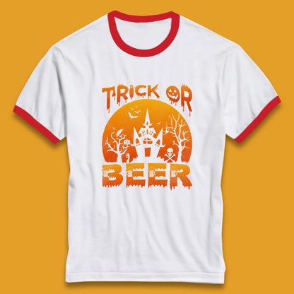 Trick Or Beer Halloween Drinking Beer Lover Horror Haunted House Drinker Halloween Party Ringer T Shirt