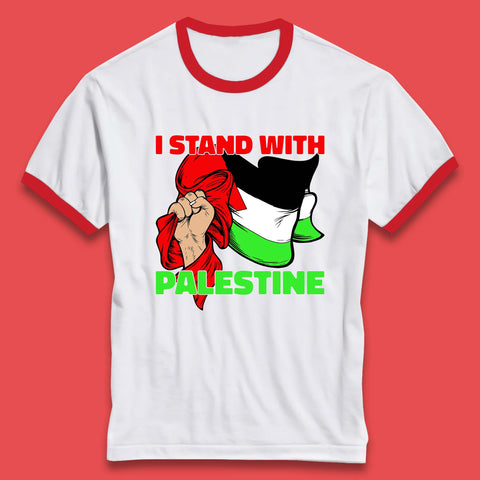 I Stand With Palestine Freedom Protest Hand Holding Palestine Flag Save Palestine Ringer T Shirt