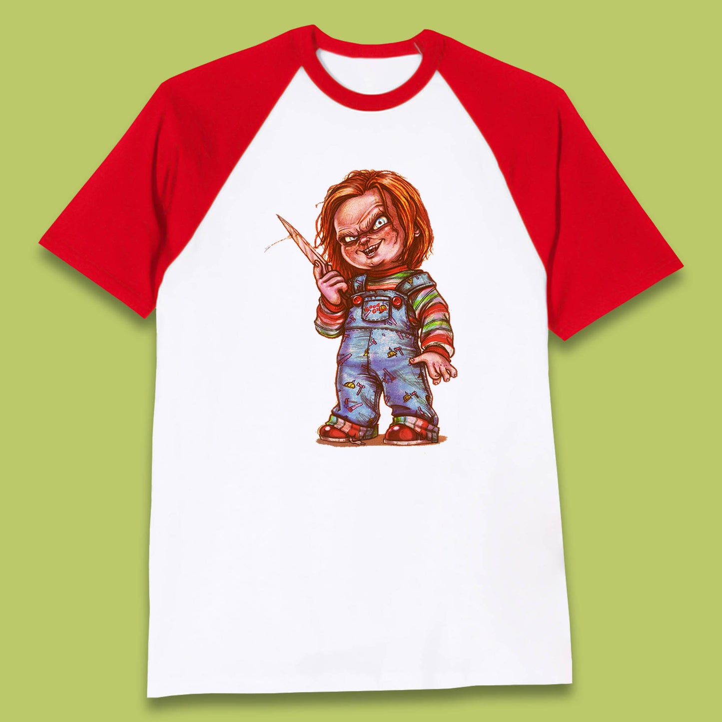 The Horror Movie Character Chucky With Knife Serial Killer Halloween Horror Movie Inspired Chucky Baseball T Shirt