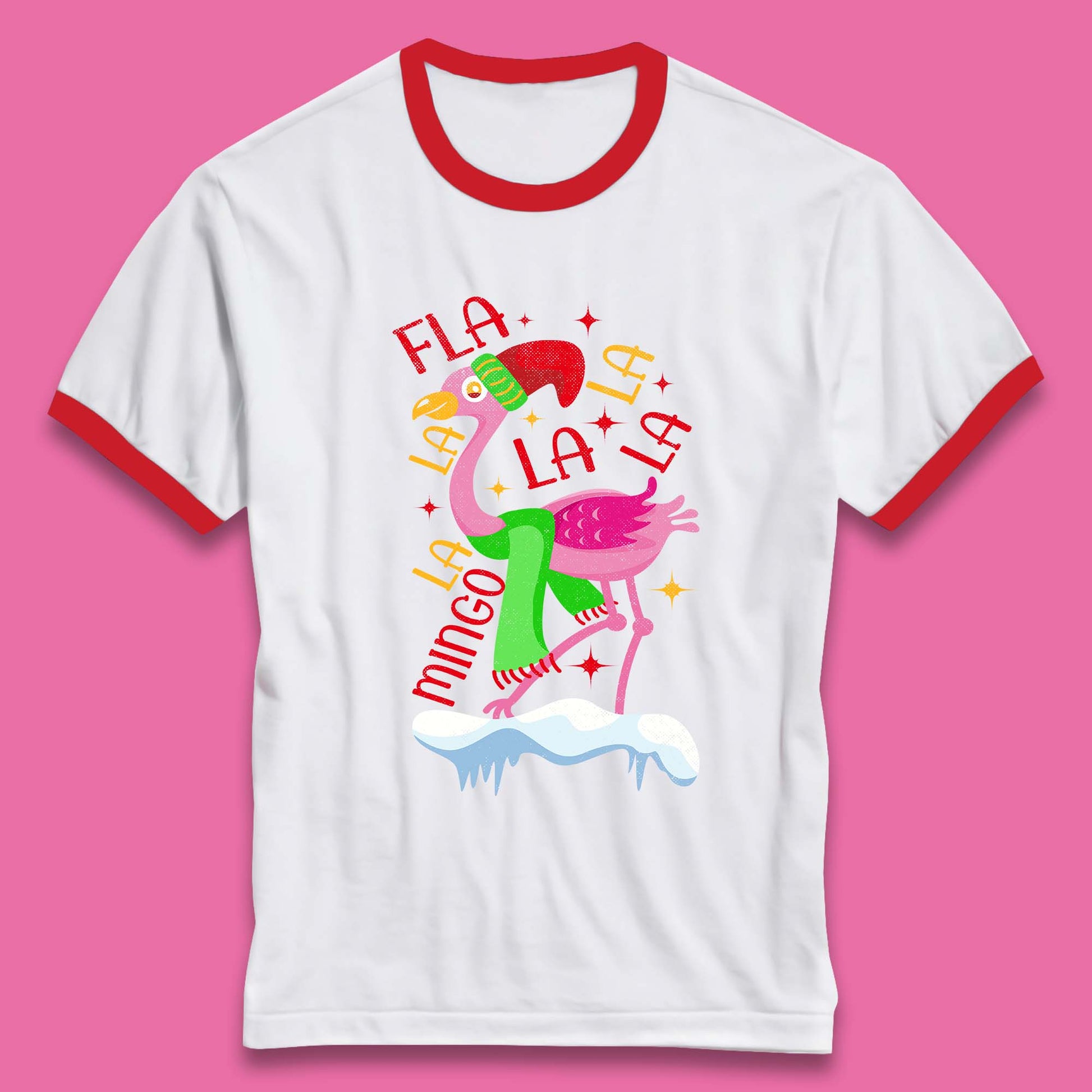 pink flamingo christmas ringer t shirt
