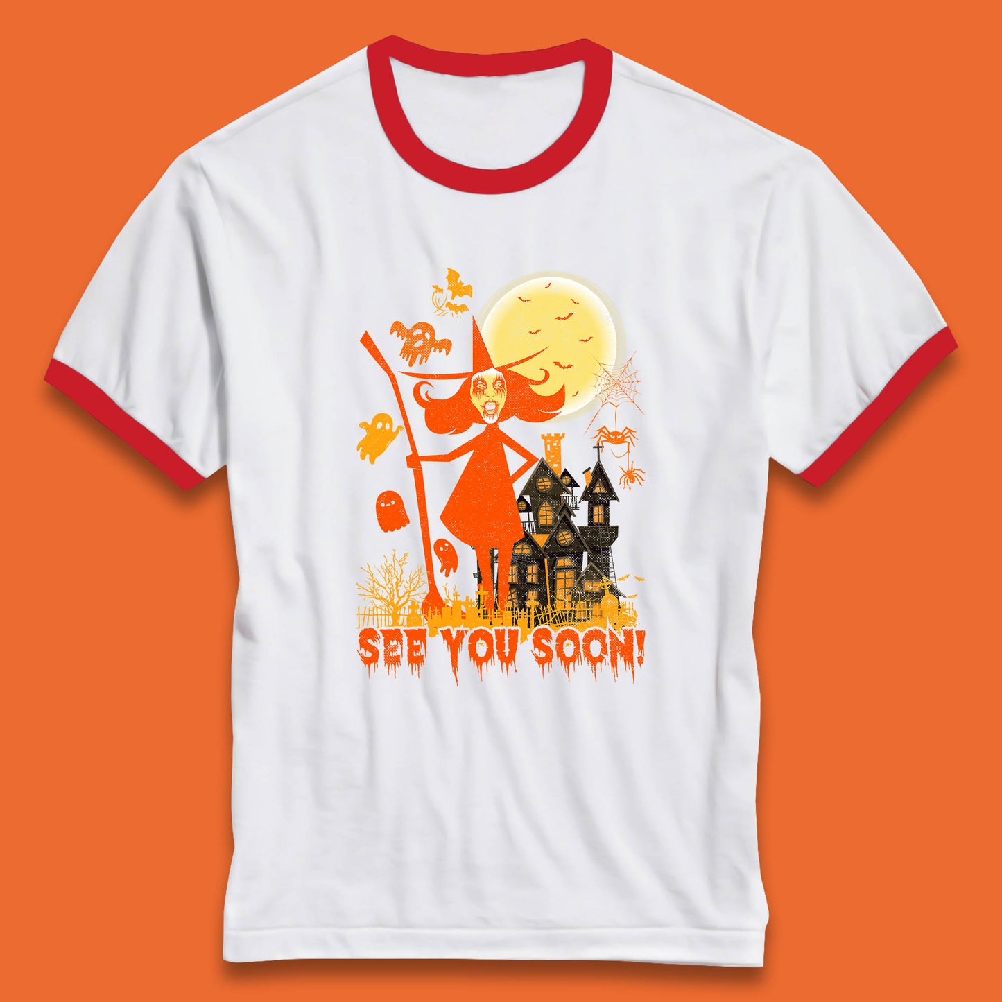 See You Soon Halloween Witch With Broom Horror Scary Haunted House Ringer T Shirt