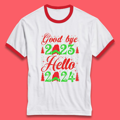 Good Bye 2023 Hello 2024 Merry Christmas Happy New Year Xmas Festive Celebration Ringer T Shirt