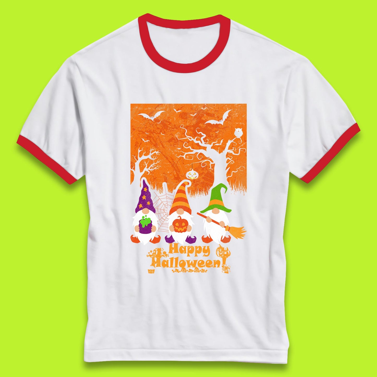 Happy Halloween Gnomies Spooky Witch Gnomes Scary Halloween Trees Gnome Lover Ringer T Shirt