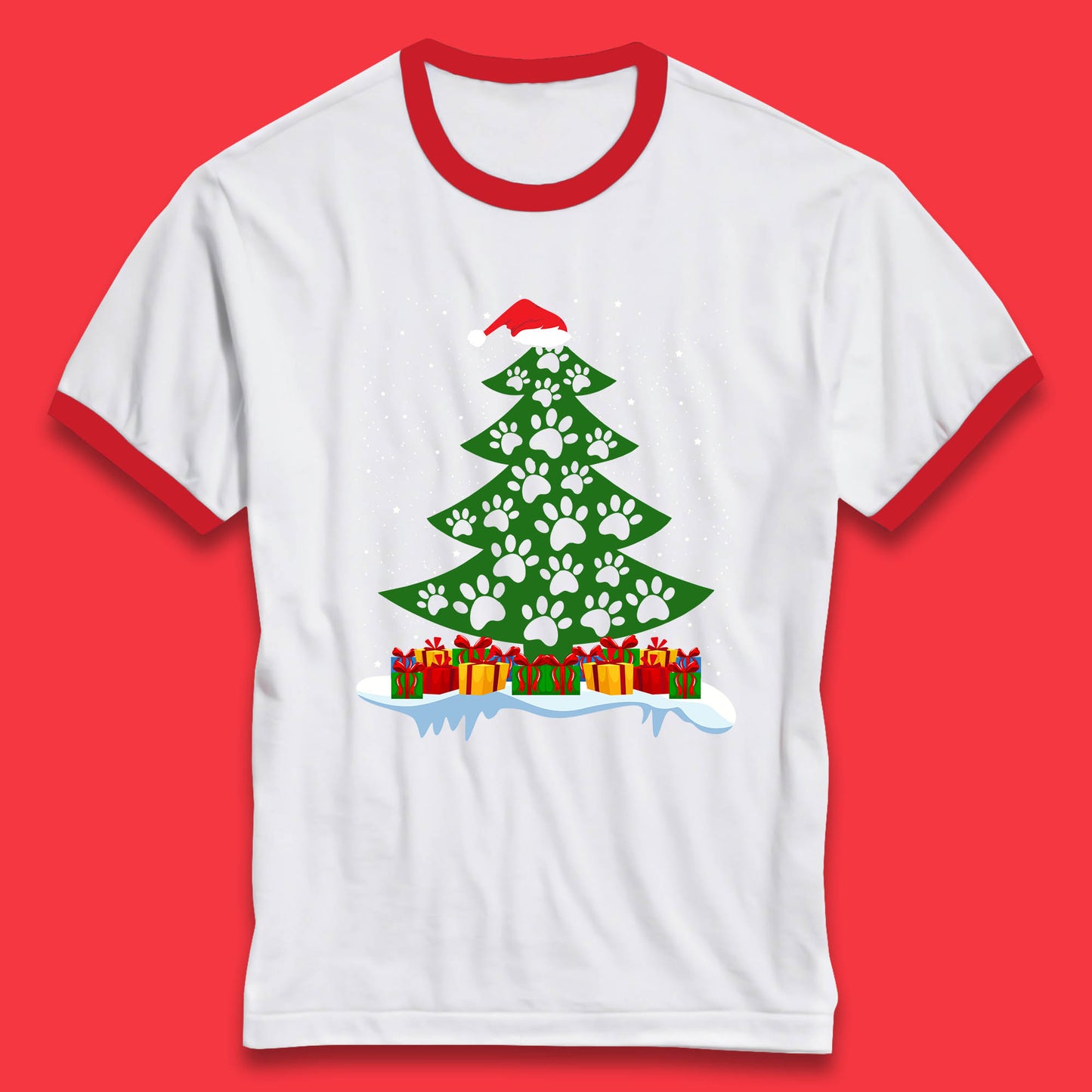 christmas tree with paw prints of dogs ringer t shirt