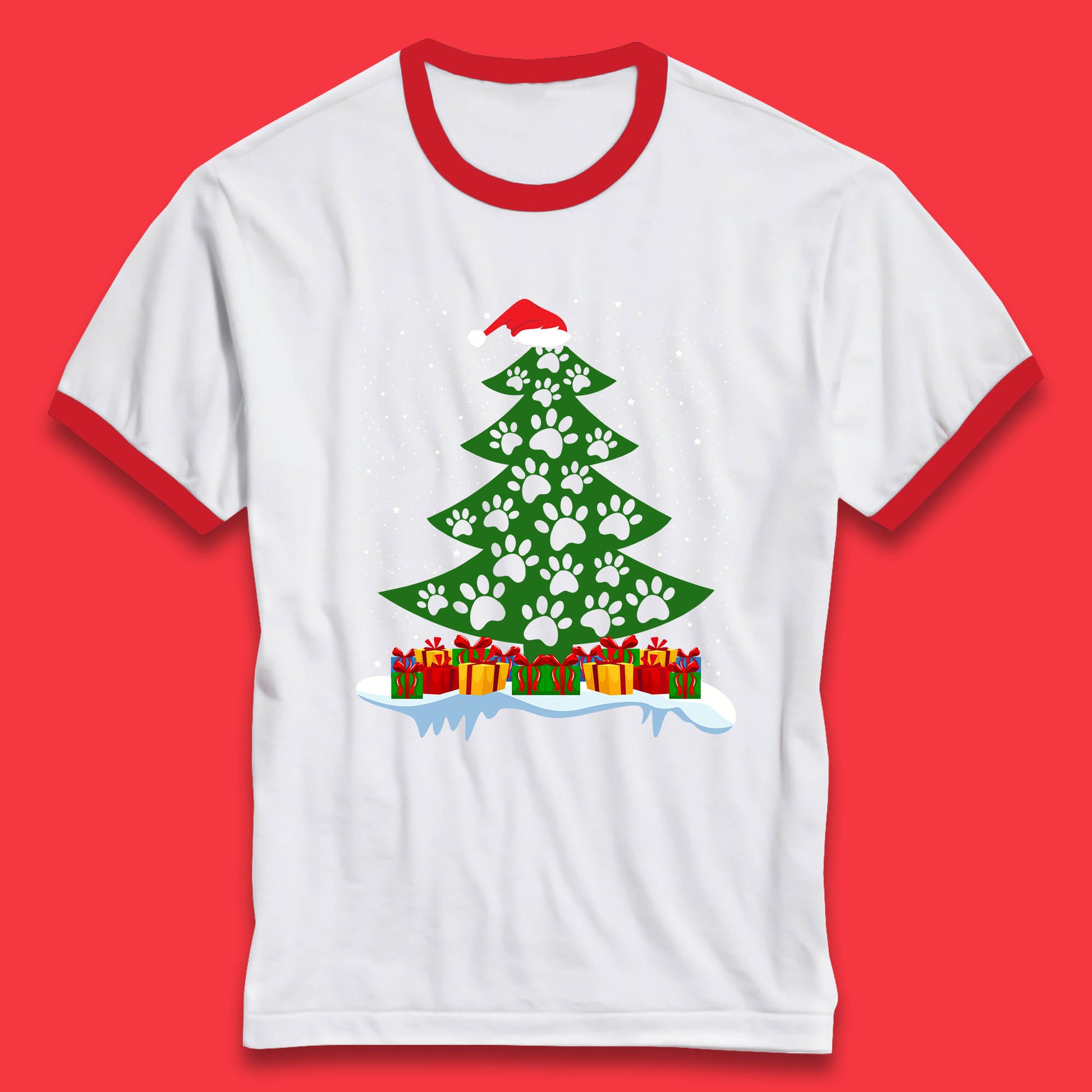 christmas tree with paw prints of dogs ringer t shirt
