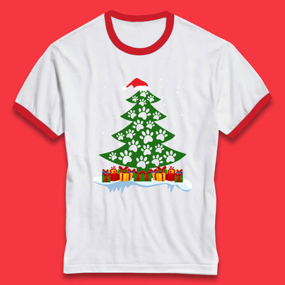 christmas tree with paw prints of dogs ringer t shirt