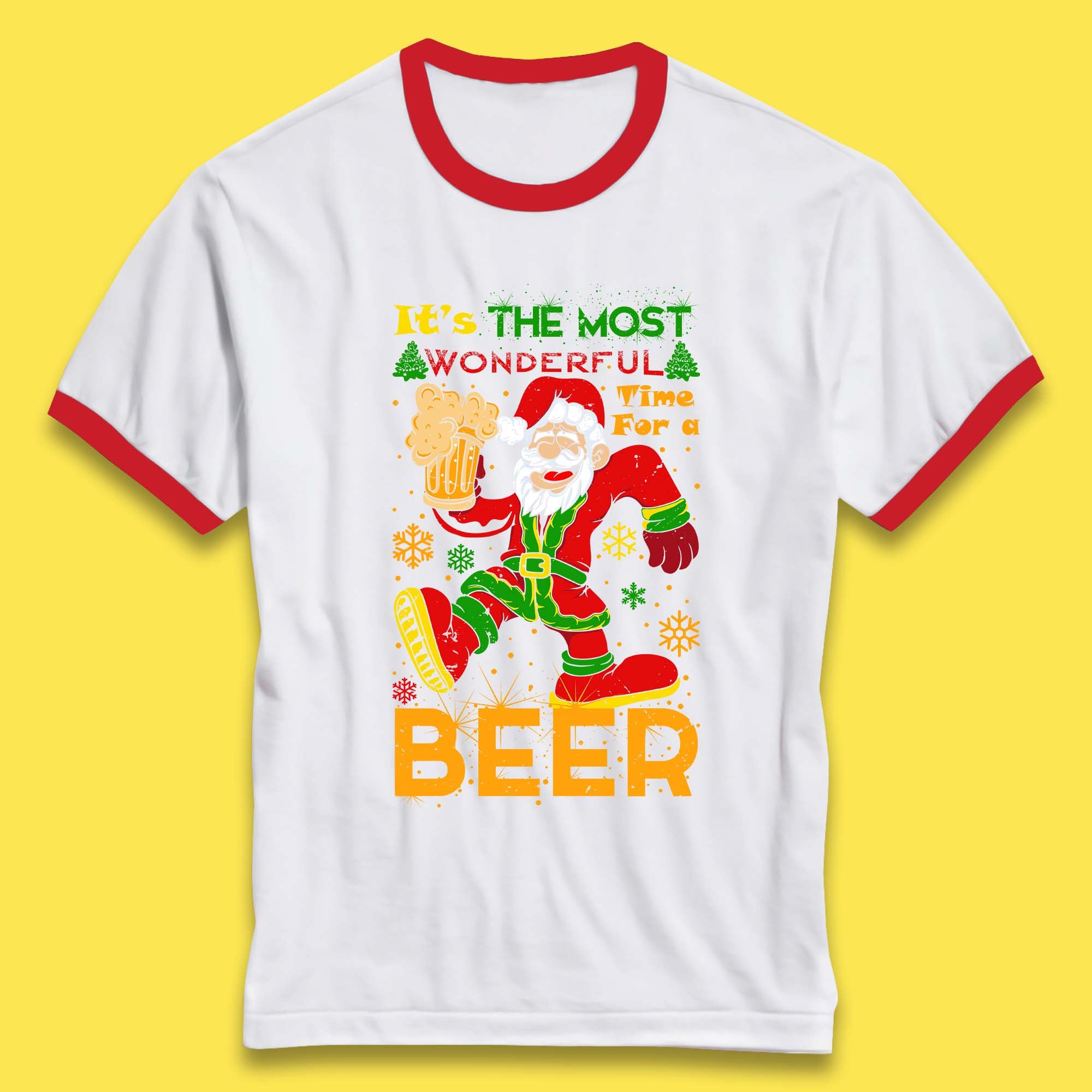 Drunken Santa Drunken Santa It's The Most Wonderful Time For A Beer Christmas Drinking Party Santa Claus Drink Beer Xmas Ringer T Shirt