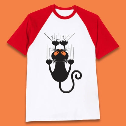 Black Cat Cartoon Scratching Climbing Wall Halloween Horror Scary Black Cat Spooky Season Baseball T Shirt