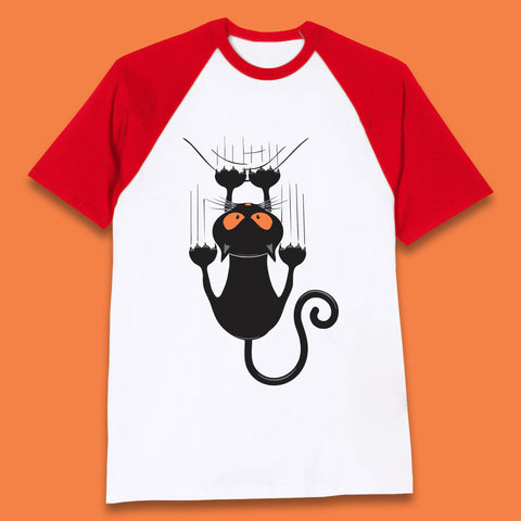 Black Cat Cartoon Scratching Climbing Wall Halloween Horror Scary Black Cat Spooky Season Baseball T Shirt