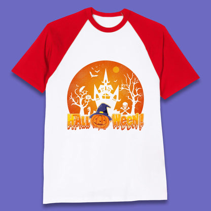 Halloween Pumpkin Witch Hat Haunted Castle Flying Bats Skull Bones Scary Dark Night Baseball T Shirt
