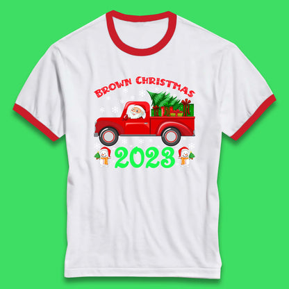 Brown Christmas 2023 Santa Claus Driving Truck With Christmas Tree To Delivery Christmas Gifts Xmas Ringer T Shirt