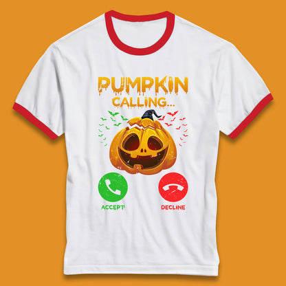 Halloween Pumpkin Calling Funny Phone Call Horror Scary Jack O Lantern Ringer T Shirt