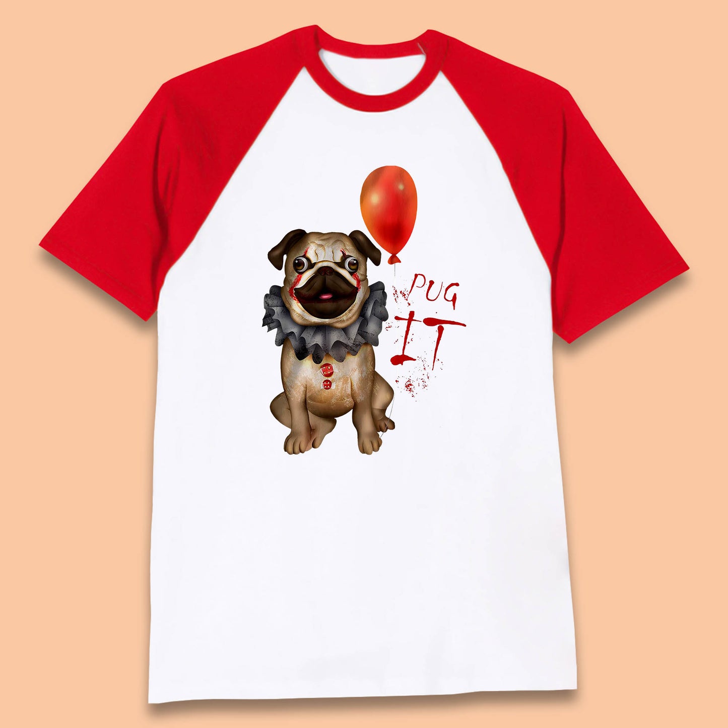 Pug IT Pennywise Clown Dog Spoof Halloween Pug Dog Costume Horror Movie Serial Killer Baseball T Shirt