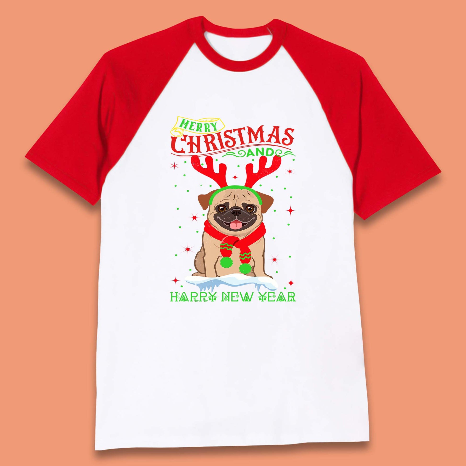 christmas pug dog baseball t-shirt