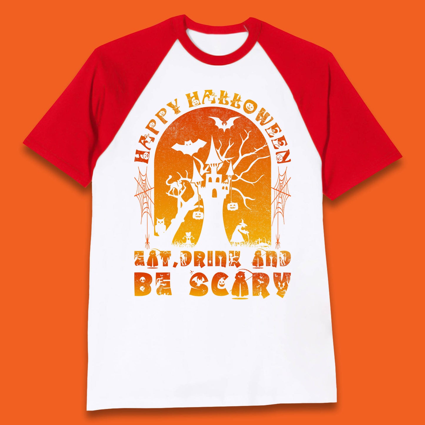 Happy Halloween Eat Drink And Be Scary Spooky Horror Hunted House Festive Gift Baseball T Shirt