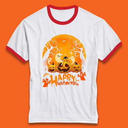 Happy Halloween Jack O Lantern Pumpkins Scary Boo Ghost Haunted Trees Ringer T Shirt