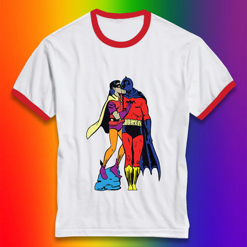 Batman X Robin Superhero Kiss Gay Pride LGBT Gay Bat Superheros Film DC Comics Ringer T Shirt