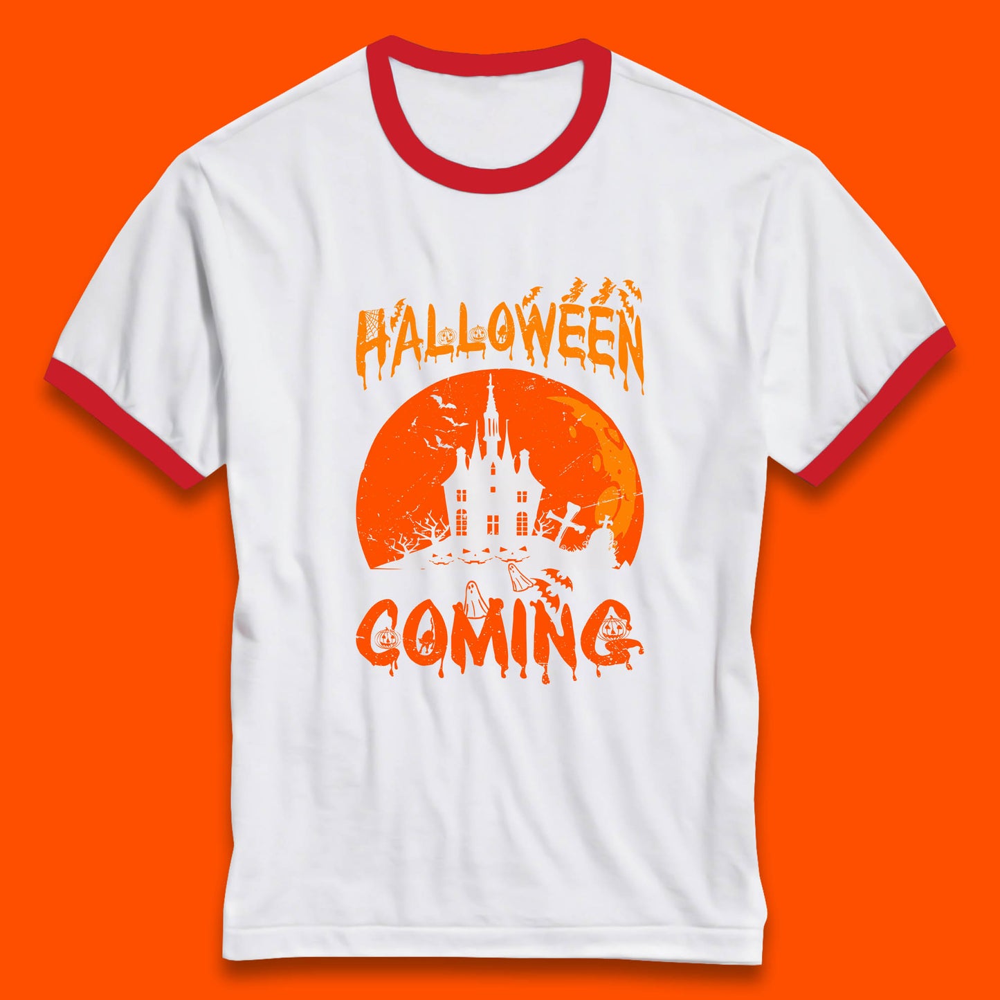 Halloween Coming Horror Scary Ghost Haunted House Spooky Season Ringer T Shirt