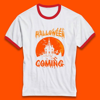 Halloween Coming Horror Scary Ghost Haunted House Spooky Season Ringer T Shirt