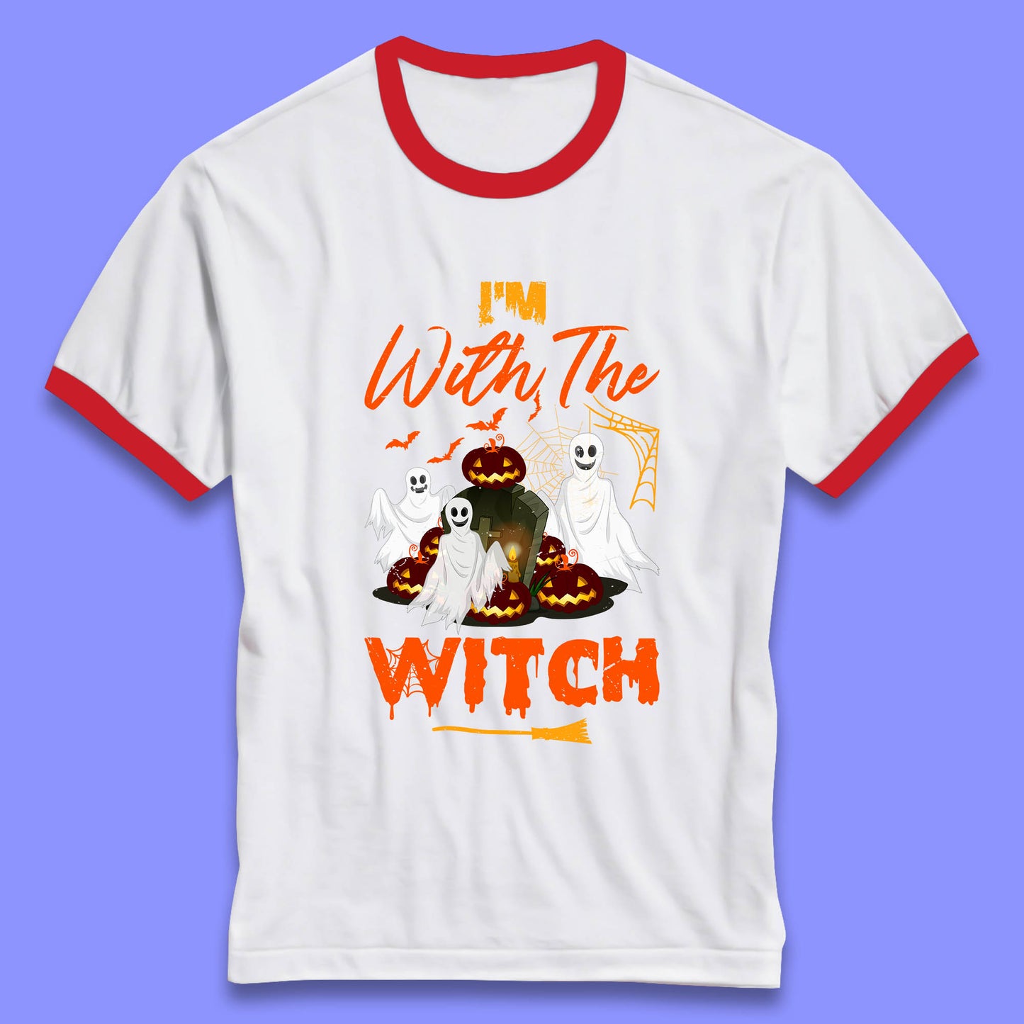 I'm With The Witch Halloween Ghosts With Jack-O-Lantern Horror Pumpkins Ringer T Shirt