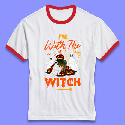 I'm With The Witch Halloween Ghosts With Jack-O-Lantern Horror Pumpkins Ringer T Shirt