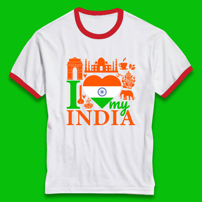 I Love My India Patriotic Indian Flag 15th August Independence Day Ringer T Shirt