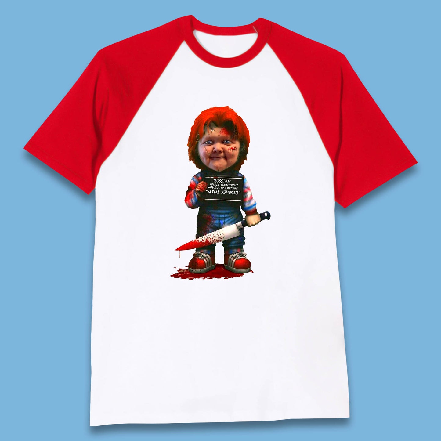 Chucky Mug Shot Russian Police Dept Hasbulla Magomedov Chucky Mini Khabib Inspired Halloween Horror Movie Good Guy Chucky Baseball T Shirt