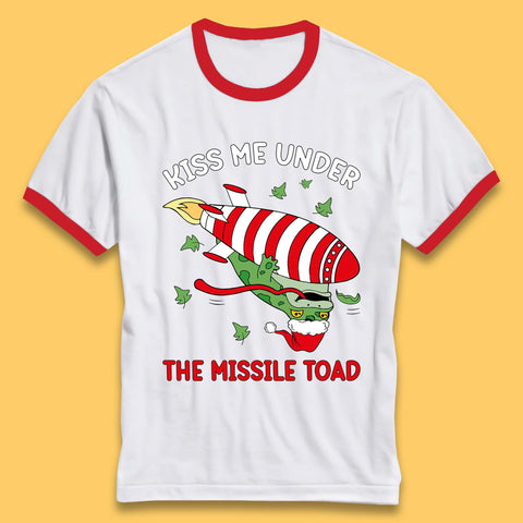 Kiss Me Under The Missile Toad Funny Christmas Holiday Joke Xmas Frog Santa Meme Ringer T Shirt