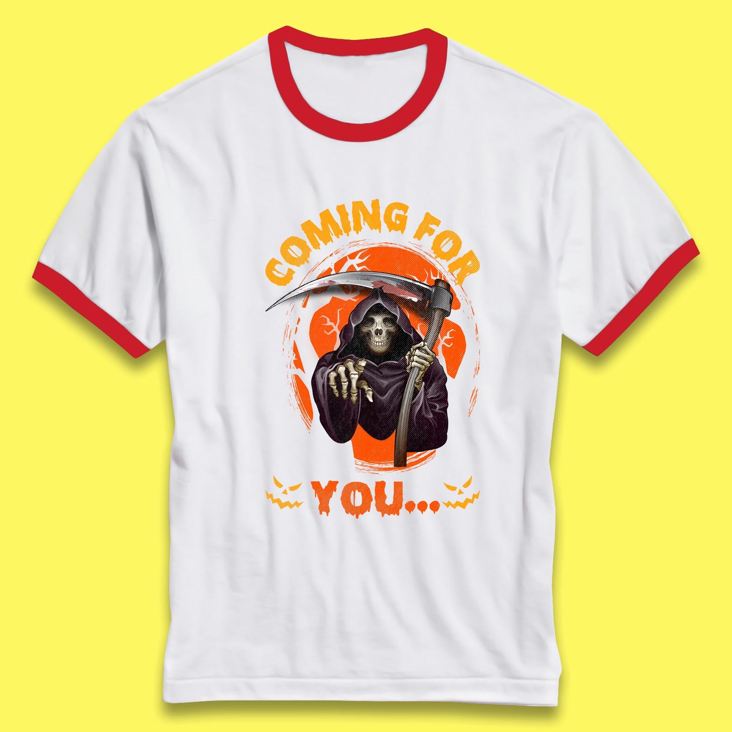 Coming For You Grim Reaper Halloween Skeleton With Scythe Halloween Ghost Ringer T Shirt