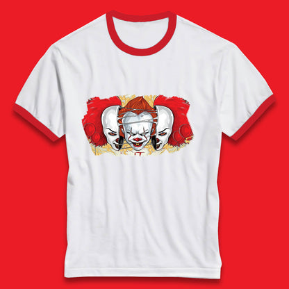 IT Pennywise Clown Halloween Horror Movie Character Evil Clown Costume Serial Killer Ringer T Shirt