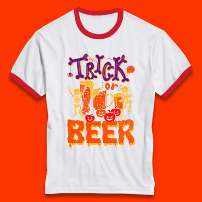 Trick Or Beer Halloween Drinking Beer Lover Dancing Skeleton Drinker Halloween Party Ringer T Shirt