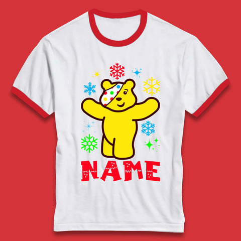 Personalised Christmas Spotty Pudsey Bear Children In Need Your Name Xmas Charity Raising Ringer T Shirt