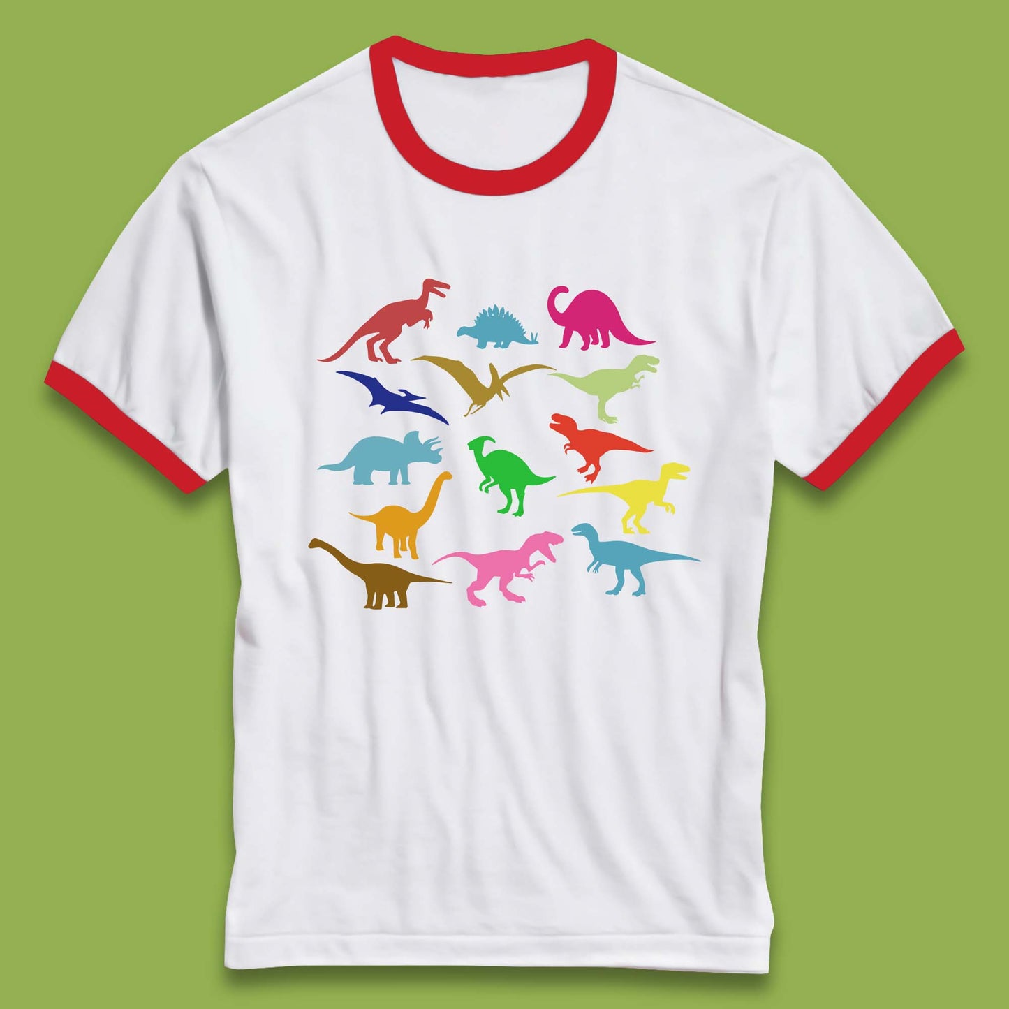 Colourful Dinosaurs Dino Fossil Dinosaurs Wild Nature Prehistoric Paleontology Velociraptor Ringer T Shirt