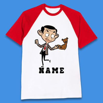 Personalised Mr Bean And Teddy Bear Your Name Comedy Cartoon Animated Series Baseball T Shirt