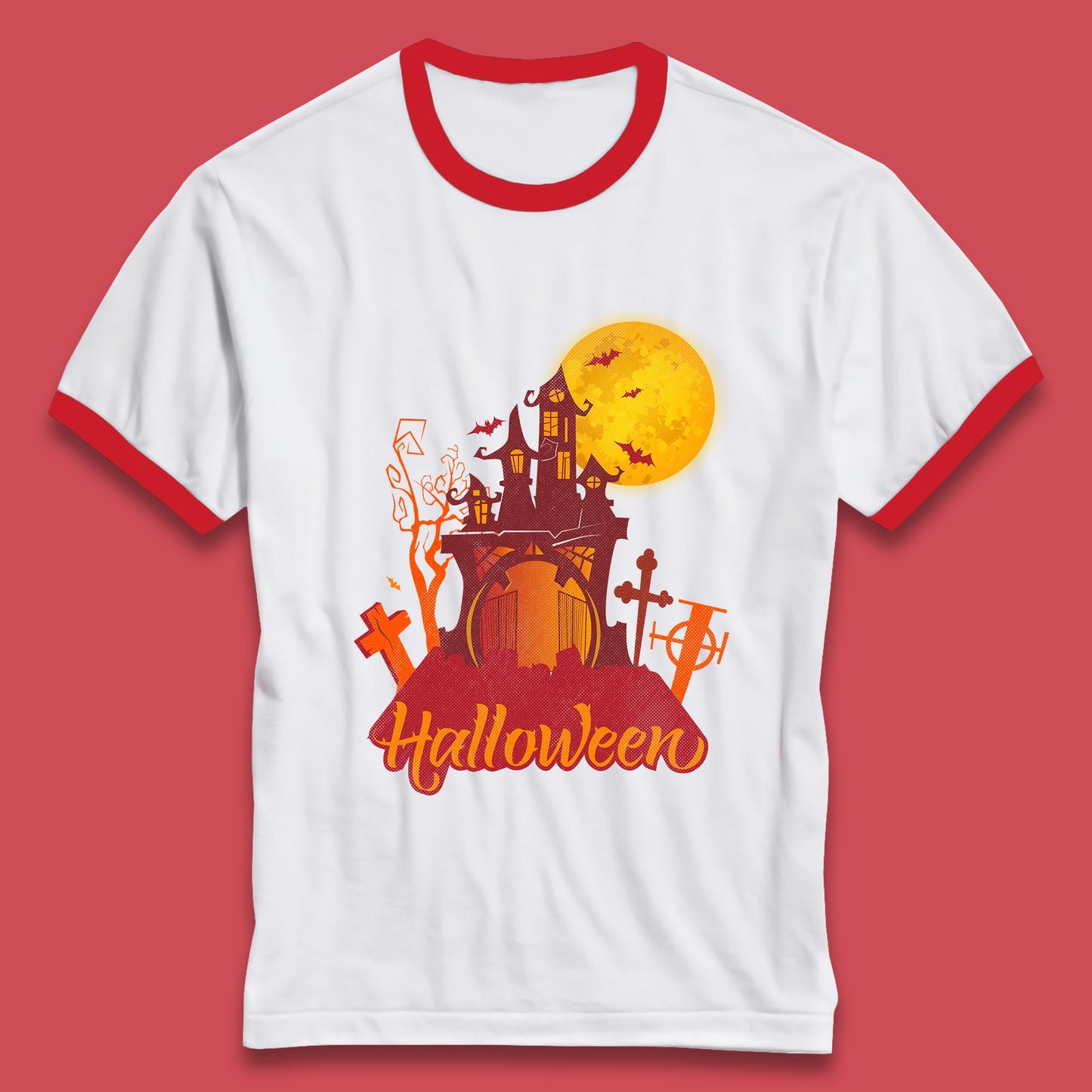 Halloween Lettering With Full Moon Scary Haunted House Flying Bats Horror Graveyard Ringer T Shirt
