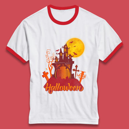 Halloween Lettering With Full Moon Scary Haunted House Flying Bats Horror Graveyard Ringer T Shirt