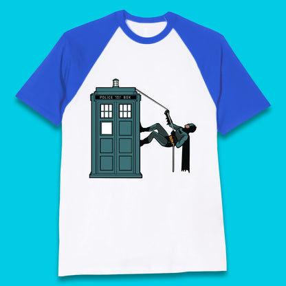 Batman Climbing Police Public Call Box DC Comics Superhero Movie Character Baseball T Shirt